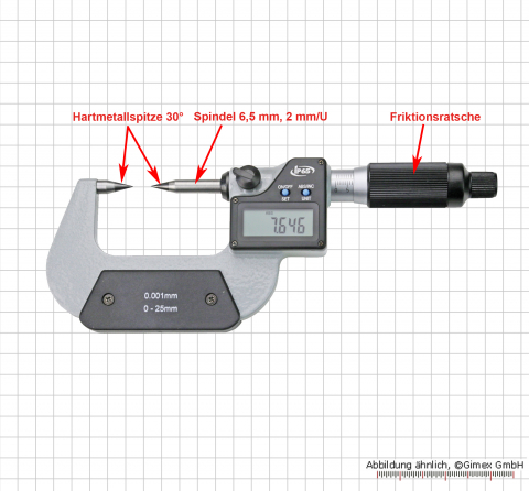 Digital-Messschraube mit HM-Spitzen, 2 mm Stg.,   0 - 25 mm