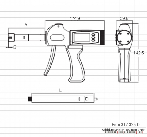 Digital pistol three point internal micrometer set,  6 - 12 mm
