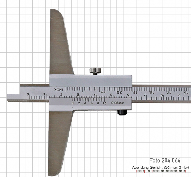 Depth vernier caliper with needle point, convertable, 150 x 100 x 0.05 mm