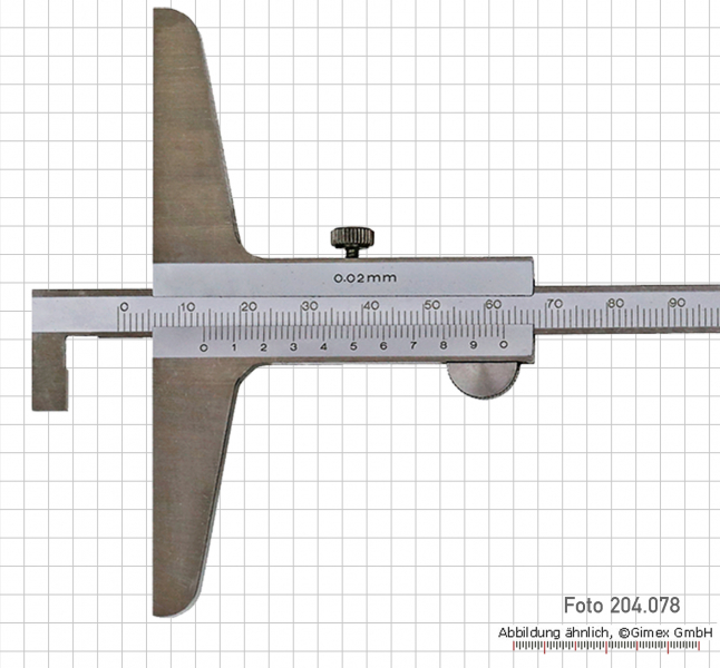 Depth vernier caliper with hook, convertable, 200 x 100 mm, 0.02 mm