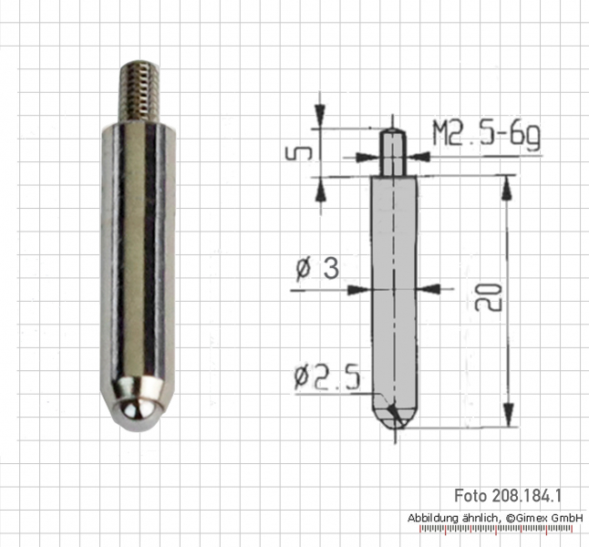 Measuring tip for dial Indicator, barrel, 20 mm with ball 3 mm