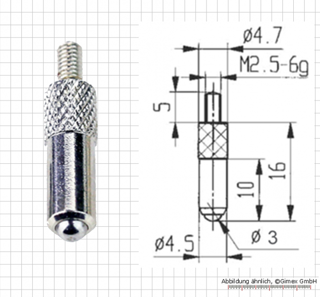 Messeinsatz für Messuhr, zylinder, 10 mm mit Kugel 3 mm