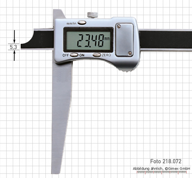 Digital depth caliper, asymetric base, 200 x 120 mm, metal casin