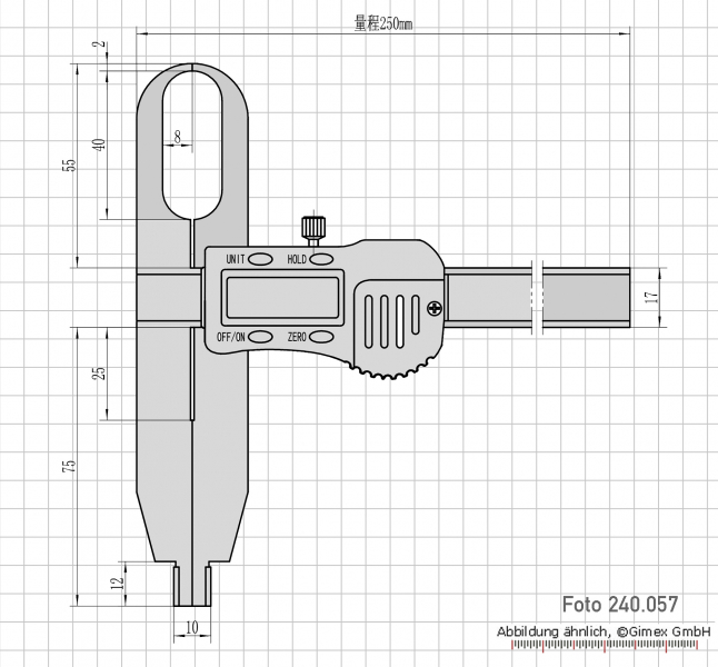 Digital caliper with flat gripper points, 250 mm