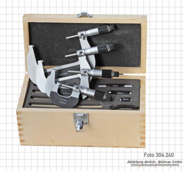 Prec. outside micrometers set with friction ratch,  0 - 100 mm,