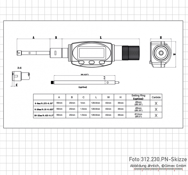 Digital three point internal micrometer,  6 - 8 mm, IP 65