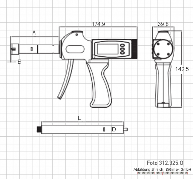Digital pistol three point internal micrometer set,  6 - 12 mm